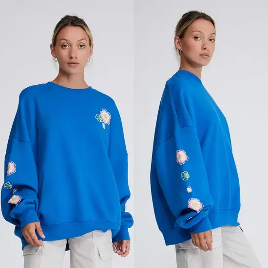 Bộ đồ nữ cao cấp từ vải nỉ, tay dài, dệt rib, màu xanh, áo hoodie nữ có mũ và dây rút, mang lại sự thoải mái hình ảnh 1-description