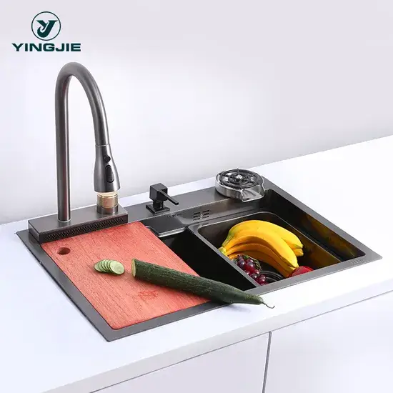 Bồn Rửa Bát Nhà Bếp Lắp Âm Đa Chức Năng Nano Đen Hiện Đại, Thiết Kế Một Chậu Thác Nước 304 Bằng Thép Không Gỉ Đen hình ảnh 1-description
