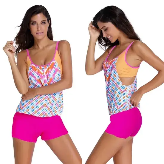 Bộ bikini Tankini màu hồng dành cho phụ nữ kích cỡ lớn, dáng quần short và thiết kế độc đáo dây chéo hình ảnh 1-description