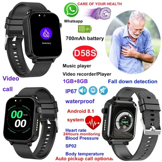 Đồng hồ thông minh chống nước IP67 4G theo dõi GPS nhịp tim huyết áp cảnh báo ngã cho người cao tuổi D58S hình ảnh 1-description